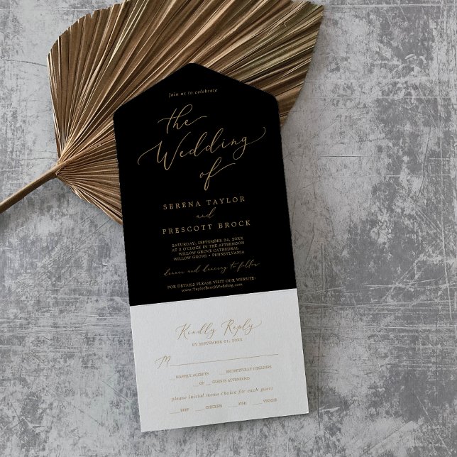 Invitation Tout En Un Calligraphie Or Délicate | Mariage noir (Créateur téléchargé)