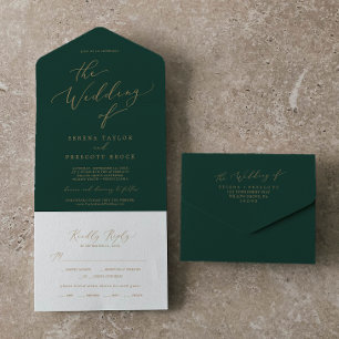 Invitation Tout En Un Calligraphie Or Délicate   Mariage vert