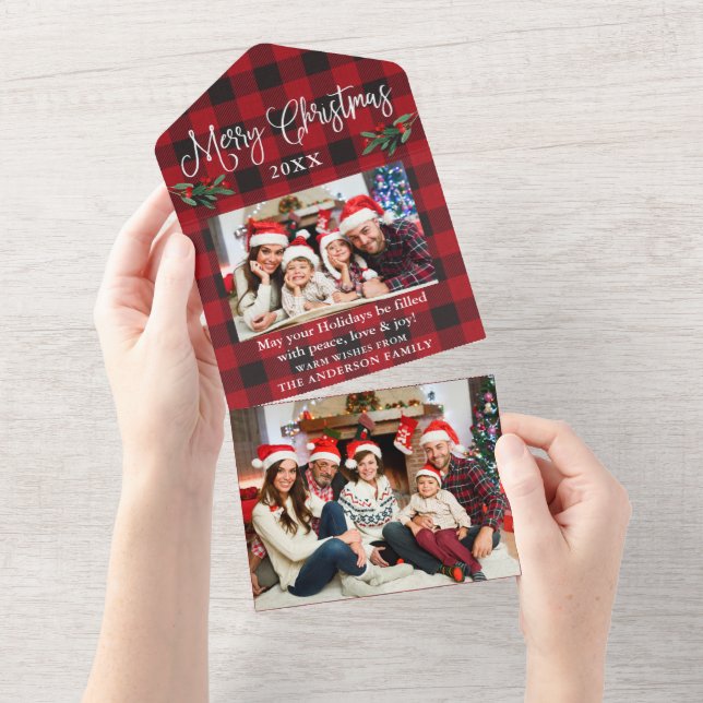 Invitation Tout En Un Calligraphie Photo Plaid All In One Christmas Card (Déchirure)