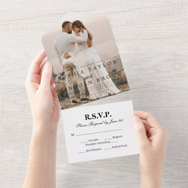 Invitation Tout En Un Calligraphie romantique Monogramme Photo Mariage (Déchirure)