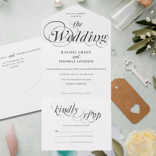Invitation Tout En Un Calligraphie romantique Noir Blanc Mariage (Romantic Modern All in One Wedding Invite)