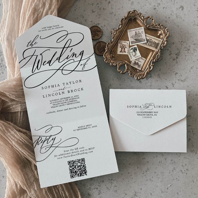 Invitation Tout En Un Calligraphie romantique QR Code Le Mariage De (Créateur téléchargé)