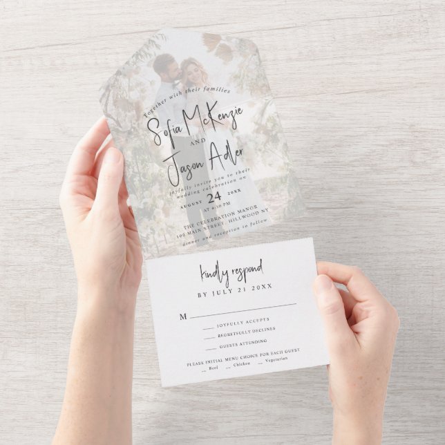 Invitation Tout En Un Calligraphie simple et élégante Mariage photo mini (Déchirure)