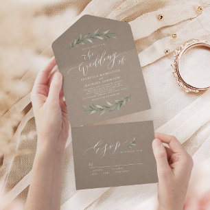 Invitation Tout En Un Calligraphie simple kraft rustique mariage de verd
