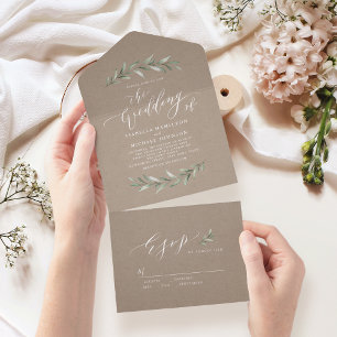 Invitation Tout En Un Calligraphie simple kraft rustique mariage de verd