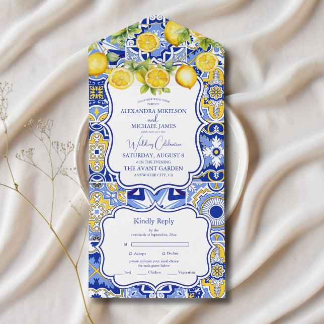 Invitation Tout En Un Carreaux bleus Citrons Mariage (Créateur téléchargé)