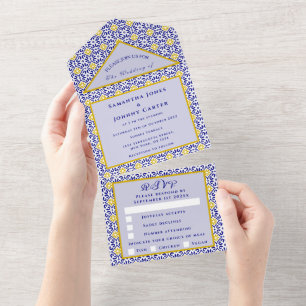 Invitation Tout En Un Carreaux méditerranéens Mariage portugais rustique