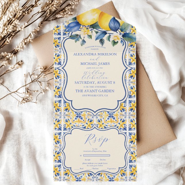 Invitation Tout En Un Carrelage bleu méditerranéen italien et Mariage ci (Créateur téléchargé)