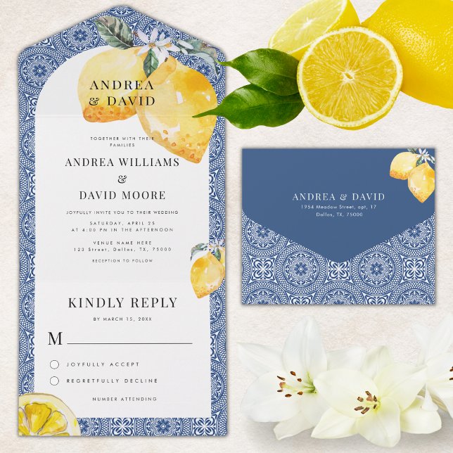 Invitation Tout En Un Carrelage bleu méditerranéen italien et Mariage ci (Créateur téléchargé)