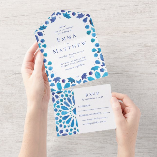 Invitation Tout En Un Carrelage bleu méditerranéen Mariage côtier (Déchirure)