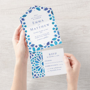 Invitation Tout En Un Carrelage bleu méditerranéen Mariage côtier