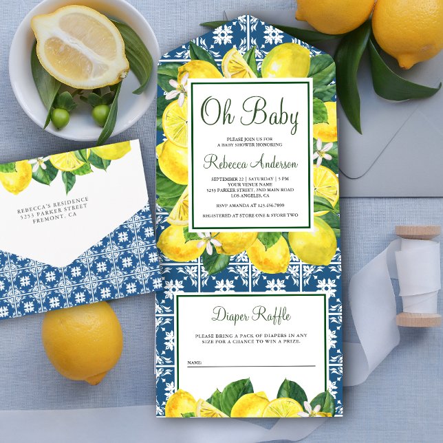 Invitation Tout En Un Carrelage méditerranéen Baby shower citron verger (Créateur téléchargé)