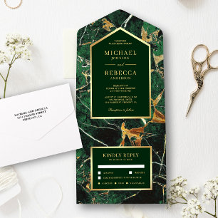 Invitation Tout En Un Carton de mariage en marbre vert émeraude avec feu