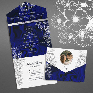 Invitation Tout En Un Carton d'invitation de mariage floral bleu royal r
