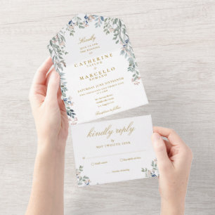 Invitation Tout En Un Cascade de verdure florale Élégant mariage or