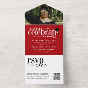 Invitation Tout En Un Célébrez le diplômé Photo QR RSVP Rouge