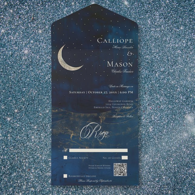 Invitation Tout En Un Céleste bleu croissant Lune Mariage QR Code (Celestial Blue Crescent Moon Wedding QR Code All In One Invitation)