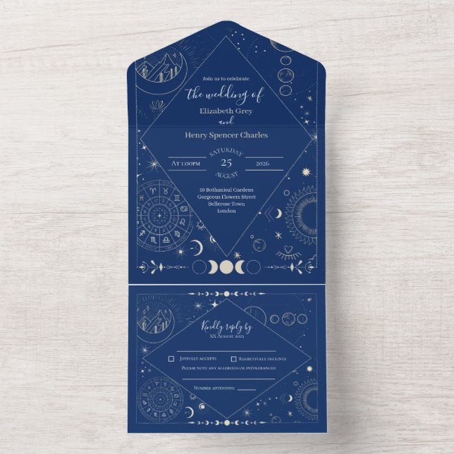 Invitation Tout En Un Celestial moon sun stars constellations wedding (À l'intérieur)
