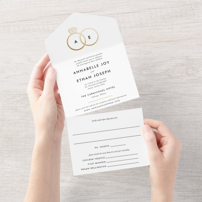 Invitation Tout En Un Cercles d'or moderne Mariage blanc (Déchirure)