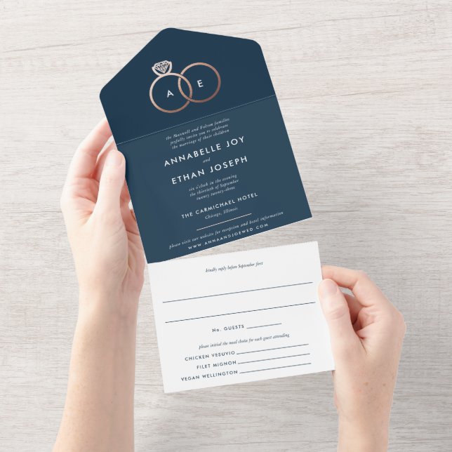 Invitation Tout En Un Cercles d'or Rose moderne Mariage bleu marine (Déchirure)
