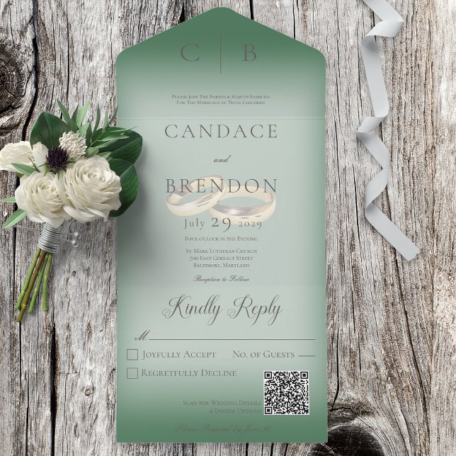 Invitation Tout En Un Cercles mariages Moderne Emerald Green QR Code (Créateur téléchargé)