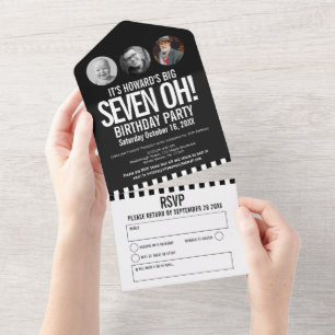 Invitation Tout En Un Cercles photo mono noir rayures 70e anniversaire