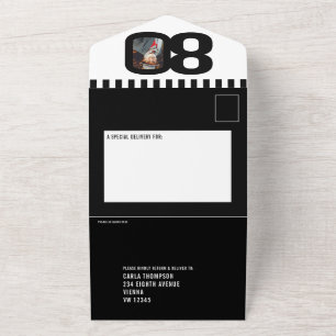 Invitation Tout En Un Cercles photo mono noir rayures 80e anniversaire