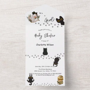 Invitation Tout En Un C'est une fille ! Cute chat noir et Baby shower de
