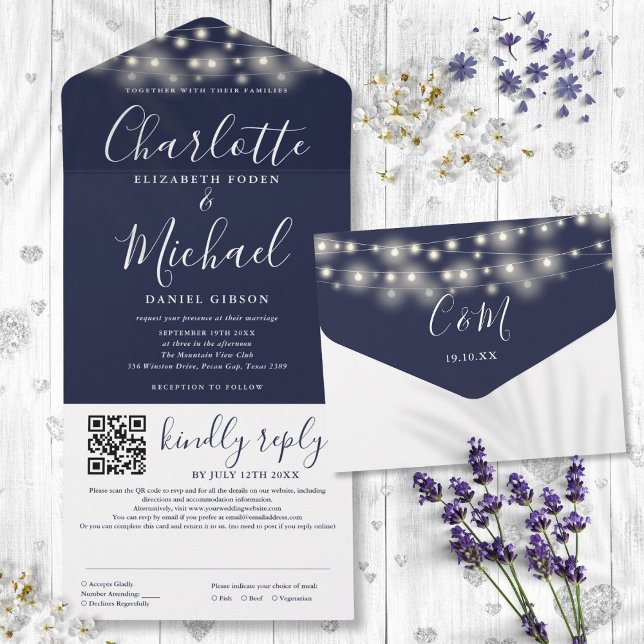 Invitation Tout En Un Chaîne Lights Marine Script bleu QR Code Mariage (String Lights Navy Blue Script QR Code Wedding All In One Invitation)