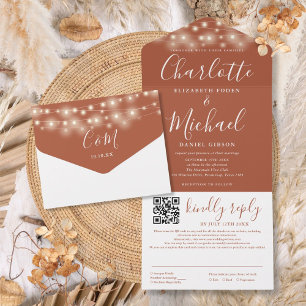 Invitation Tout En Un Chaîne Lights Terracotta Script QR Code Mariage