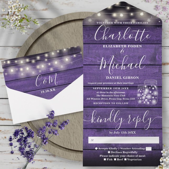 Invitation Tout En Un Chaîne Lumière Jars Mason Rustique Mariage en bois (String Light Mason Jars Rustic Purple Wood Wedding All In One Invitation)