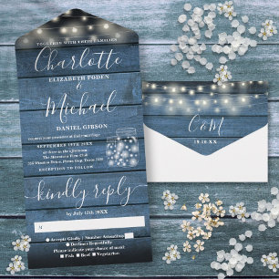 Invitation Tout En Un Chaîne Lumières Mason Jars Bleu Russe Mariage bois