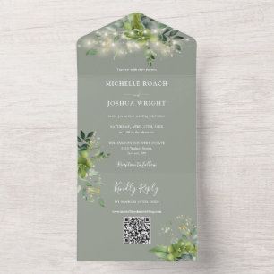 Invitation Tout En Un Chaîne Lumières verdure QR Code Sage Mariage vert