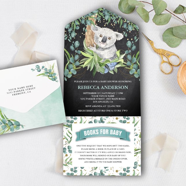 Invitation Tout En Un Chalkboard Eucalyptus Koala Baby shower ours (Créateur téléchargé)