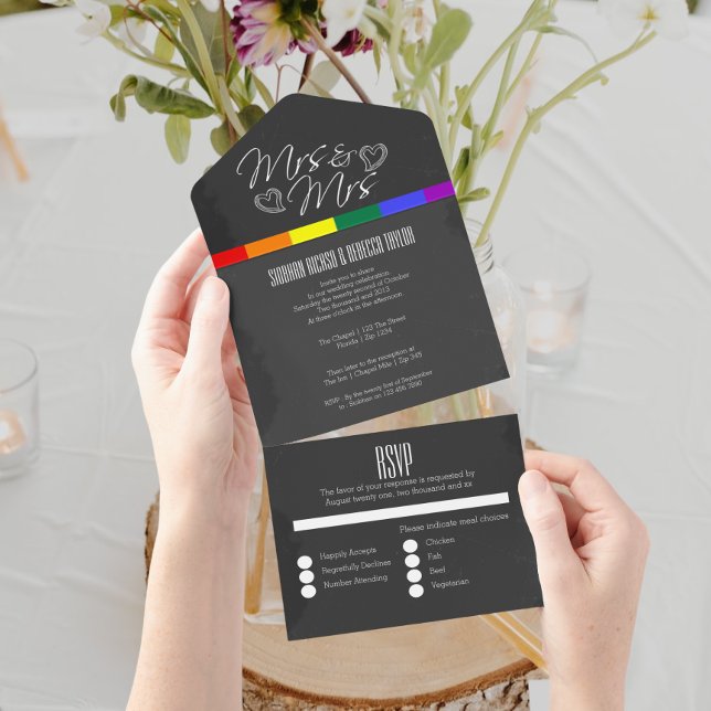 Invitation Tout En Un Chalkboard mariage doodle coeurs Mme et Mme (Créateur téléchargé)