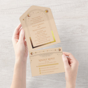 Invitation Tout En Un Champagne céleste Gold Sun Moon Stars Mariage