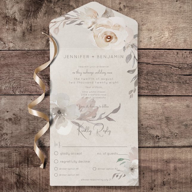 Invitation Tout En Un Champagne & Crème Aquarelle Boho Dîner Floral (Champagne & Cream Watercolor Boho Floral All In One Wedding Invitation with Dinner Options)