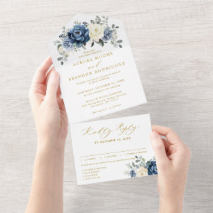 Invitation Tout En Un Champagne de la marine bleu Dusty Mariage d'or ivo
