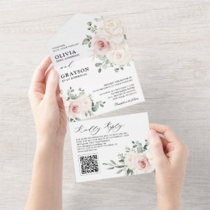 Invitation Tout En Un Champagne Ivory Blush Rose Floral Code QR Mariage