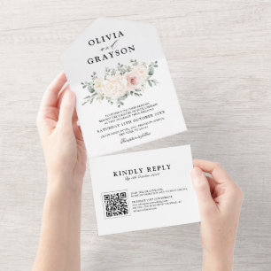 Invitation Tout En Un Champagne Ivory Blush Rose Floral Code QR Mariage