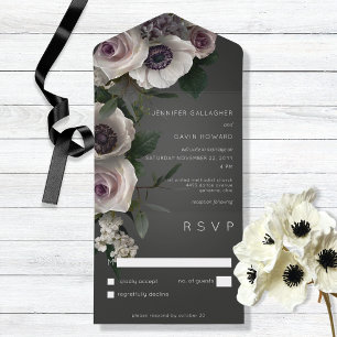 Invitation Tout En Un Charbon foncé et blanc Floral Moderne Sans Dîner