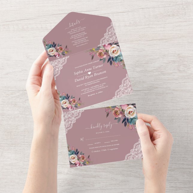 Invitation Tout En Un Charm Dusty Blue Misty Rose Fleurs Mariage (Déchirure)