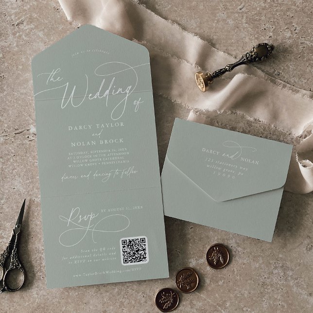 Invitation Tout En Un Charme élégant QR Code Sage Green Mariage (Elegant Charm QR Code Sage Green Wedding All In One Invitation)