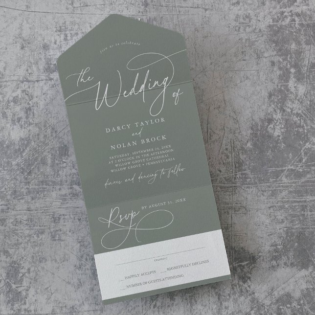 Invitation Tout En Un Charme élégant RSVP Dark Sage Mariage (Elegant Charm RSVP Dark Sage Wedding All In One Invitation)