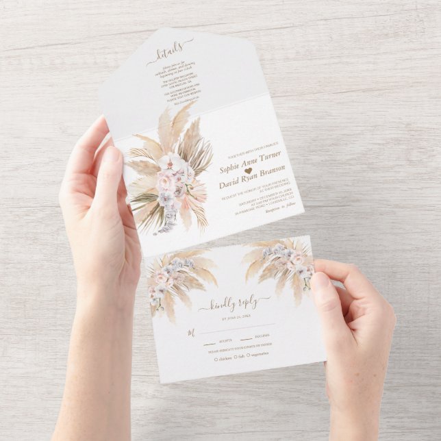 Invitation Tout En Un Charming Pampas Grass White Orchid Rose Mariage (Déchirure)