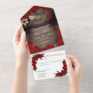 Invitation Tout En Un Charro Red Roses rustique Pays Quinceanera 