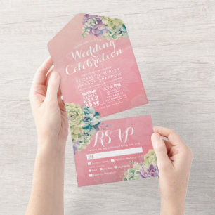 Invitation Tout En Un Chic Aquarelle Succulent mariage rose Fleur RSVP
