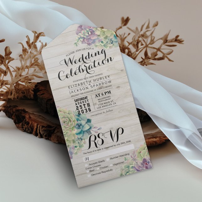 Invitation Tout En Un Chic Aquarelle Succulente Mariage en bois rustique (Créateur téléchargé)