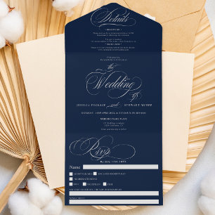 Invitation Tout En Un Chic argent élégant script marine bleu mariage