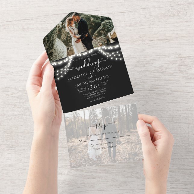 Invitation Tout En Un Chic Black String Lights Photo RSVP Mariage (Déchirure)